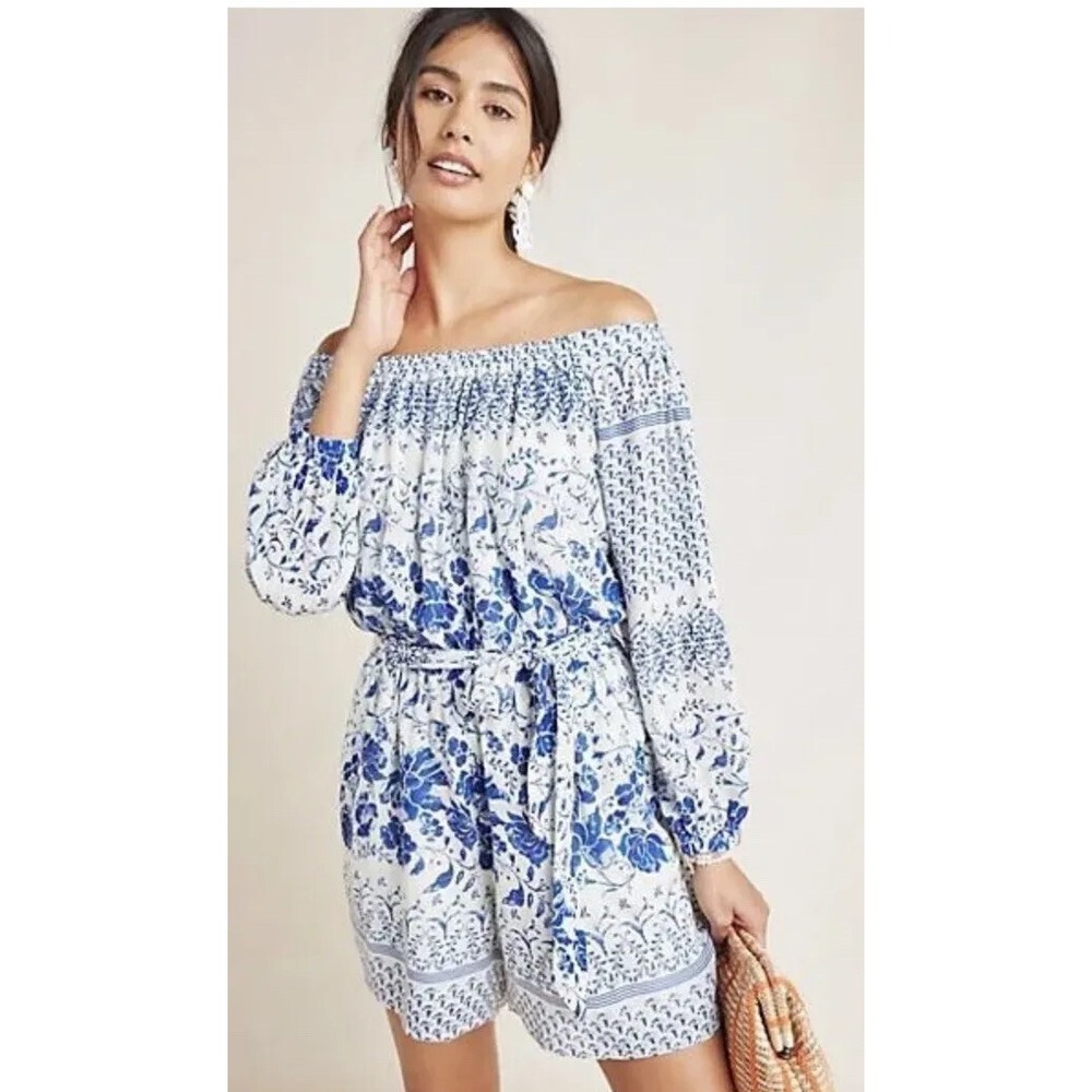 Anthropologie Clemente Off The Shoulder Romper Floral Blue Ivory XS